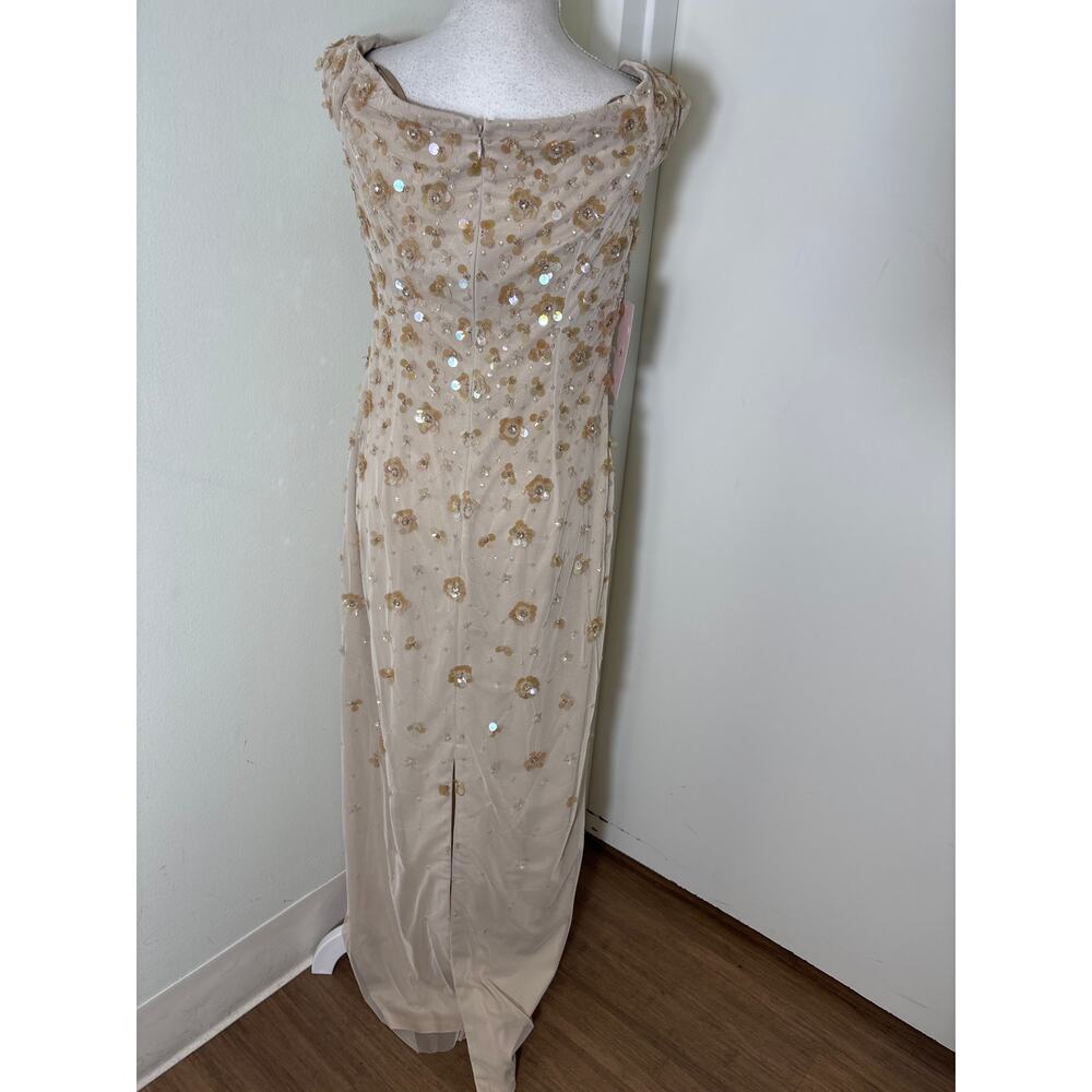 NWT Adrianna Papell Champagne Off the Shoulder Beaded Column Gown Sz 8 - Picture 4 of 5